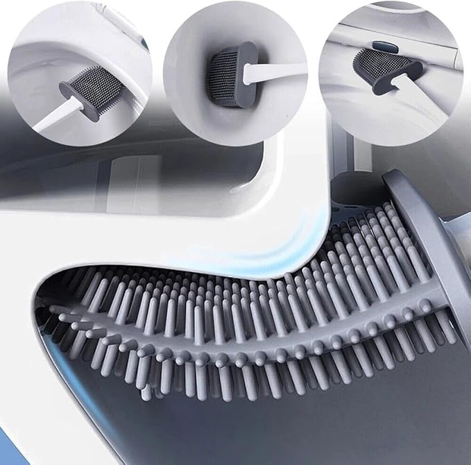 Brosse WC double avec support mural, design anti-odeurs, tête en silicone flexible + brosse à poils denses, nettoyage en profondeur sans rayure, séchage rapide. Livraison prioritaire offerte !