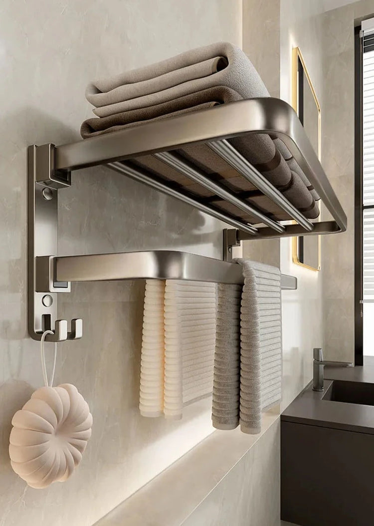 Porte-serviettes mural pliable en acier inoxydable avec barres et crochets, installation adhésive ou par perçage, idéal pour salles de bain et cuisines. La livraison prioritaire est offerte !