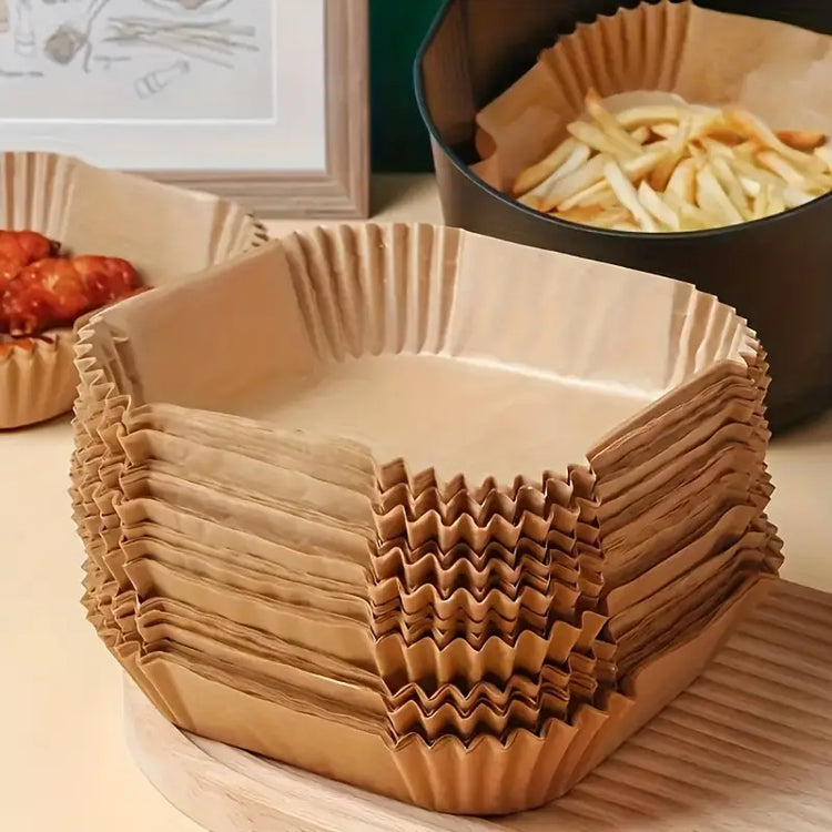 Papier cuisson pour air fryer, 50/100 feuilles, sans BPA, résistant à la graisse et imperméable, facilitant la cuisson et le nettoyage, idéal pour une alimentation saine et sans tracas. La livraison est offerte !