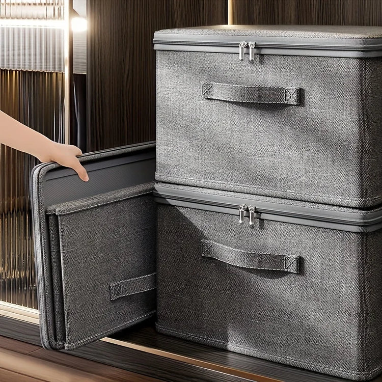 Boîte de rangement pliable multifonctionnelle en tissu imperméable avec couvercle zippé à double sens, grande capacité pour vêtements, couettes, oreillers, solution gain de place et protection optimale. Livraison offerte !