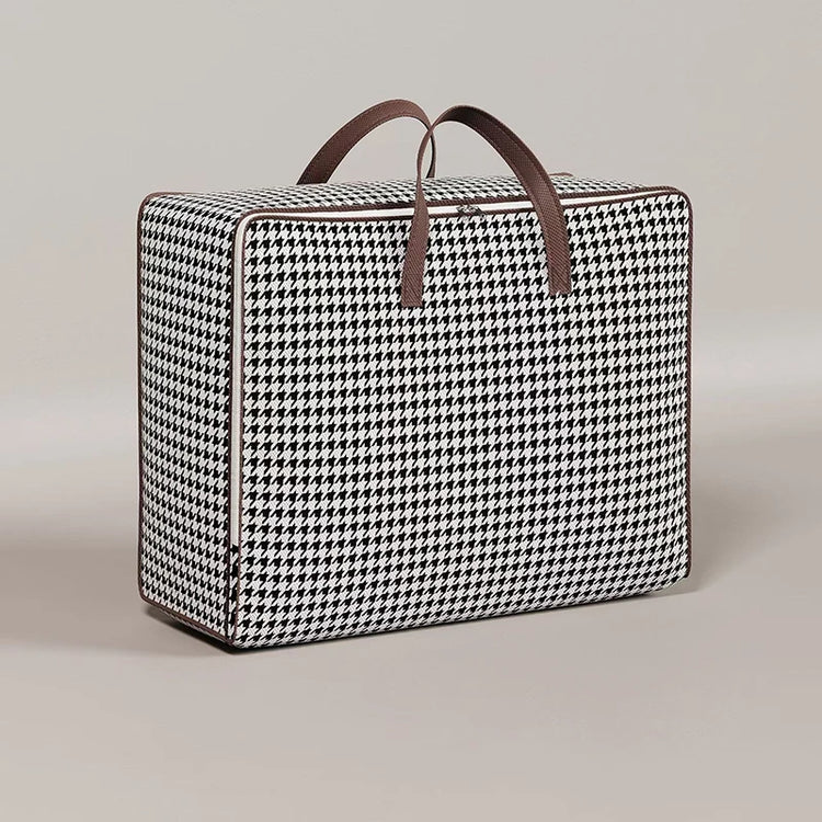 Magnifique sac de rangement grande capacité pour couette, vêtements, oreillers et couvertures, imperméable et anti-poussière, pliable avec poignées renforcées, motif pied-de-poule élégant, disponible en 36L, 60L, 90L, 120L et 150L. Livraison offerte !