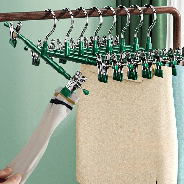 Lot de 10 cintres à clips réglables en acier inoxydable, antidérapants et infroissables, robustes et durables, idéal pour pantalons, jupes, shorts et vêtements lourds, gain de place garanti dans votre placard. Livraison offerte !