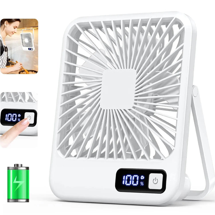 Ventilateur ultra silencieux, rechargeable USB, inclinable à 180°, pliable, affichage de la batterie, 5 vitesses. La livraison prioritaire est offerte !