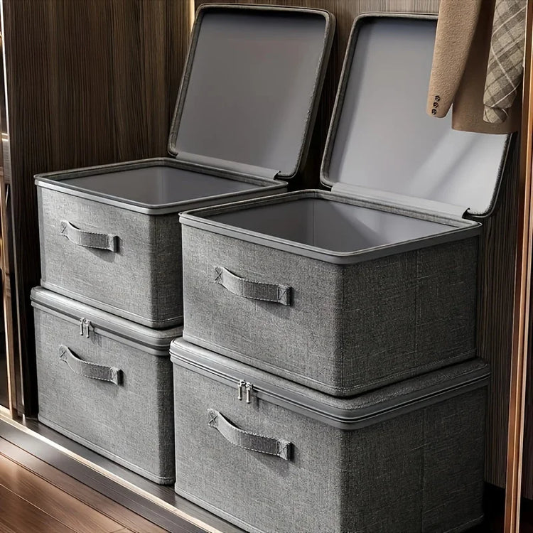 Boîte de rangement pliable multifonctionnelle en tissu imperméable avec couvercle zippé à double sens, grande capacité pour vêtements, couettes, oreillers, solution gain de place et protection optimale. Livraison offerte !