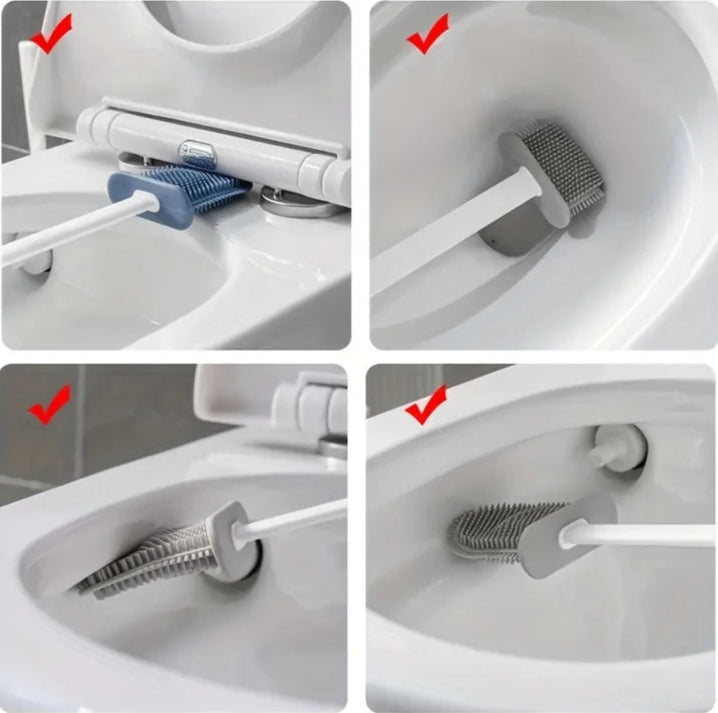 Brosse WC double avec support mural, design anti-odeurs, tête en silicone flexible + brosse à poils denses, nettoyage en profondeur sans rayure, séchage rapide. Livraison prioritaire offerte !