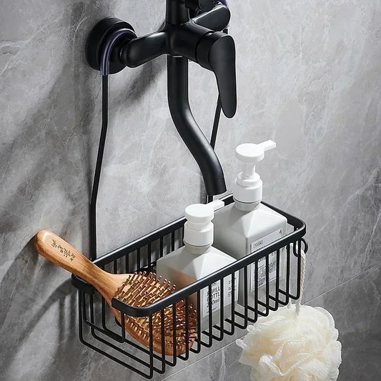 Étagère de salle de bain pratique en aluminium premium anti-rouille, sans perçage, avec grand panier 31 x 12 cm, crochets latéraux, installation rapide et design élégant, un must pour l’organisation. Livraison offerte !