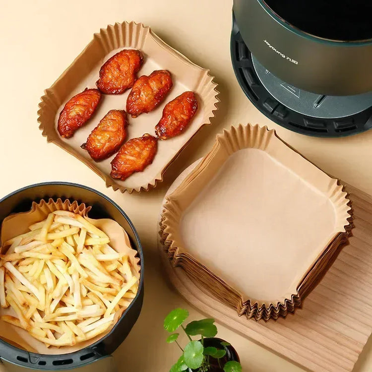 Papier cuisson pour air fryer, 50/100 feuilles, sans BPA, résistant à la graisse et imperméable, facilitant la cuisson et le nettoyage, idéal pour une alimentation saine et sans tracas. La livraison est offerte !