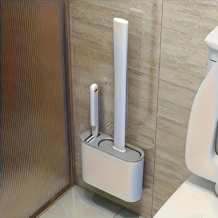 Brosse WC double avec support mural, design anti-odeurs, tête en silicone flexible + brosse à poils denses, nettoyage en profondeur sans rayure, séchage rapide. Livraison prioritaire offerte !