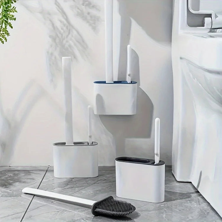 Brosse WC double avec support mural, design anti-odeurs, tête en silicone flexible + brosse à poils denses, nettoyage en profondeur sans rayure, séchage rapide. Livraison prioritaire offerte !