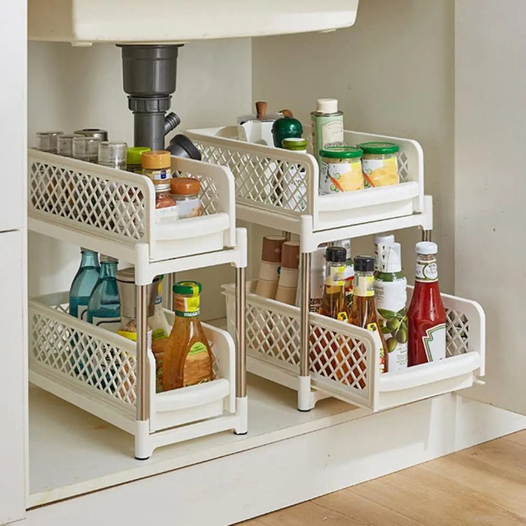 Superbe organisateur Premium à deux niveaux avec tiroirs coulissants, armature en acier, sous-évier, armoires ou comptoir, adapté à la cuisine, à la salle de bain, aux cosmétiques et aux fournitures. La livraison prioritaire est offerte !