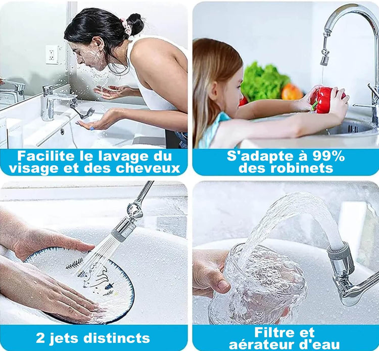 Ingénieux robinet rotatif à 1080°, économiseur d'eau, filtre, extension de robinet. Outil et 3 adaptateurs inclus, compatible avec 99% des robinets, coup de coeur, produit Premium, qualité la plus élevée, approuvé et recommandé. La livraison est offerte !