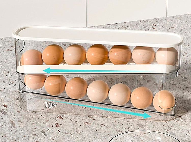 Ingénieuse boîte de rangement à œufs pour réfrigérateur, distributeur automatique, support empilable gain de place, organisation sécurisée, récupération facile, compatible porte et tablette du frigo. Livraison offerte !