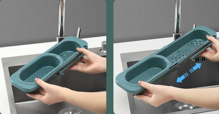 Support d'évier, porte-savon, éponge, torchon, égouttoir réglable, et panier de rangement. Pratique, robuste et ajustable!