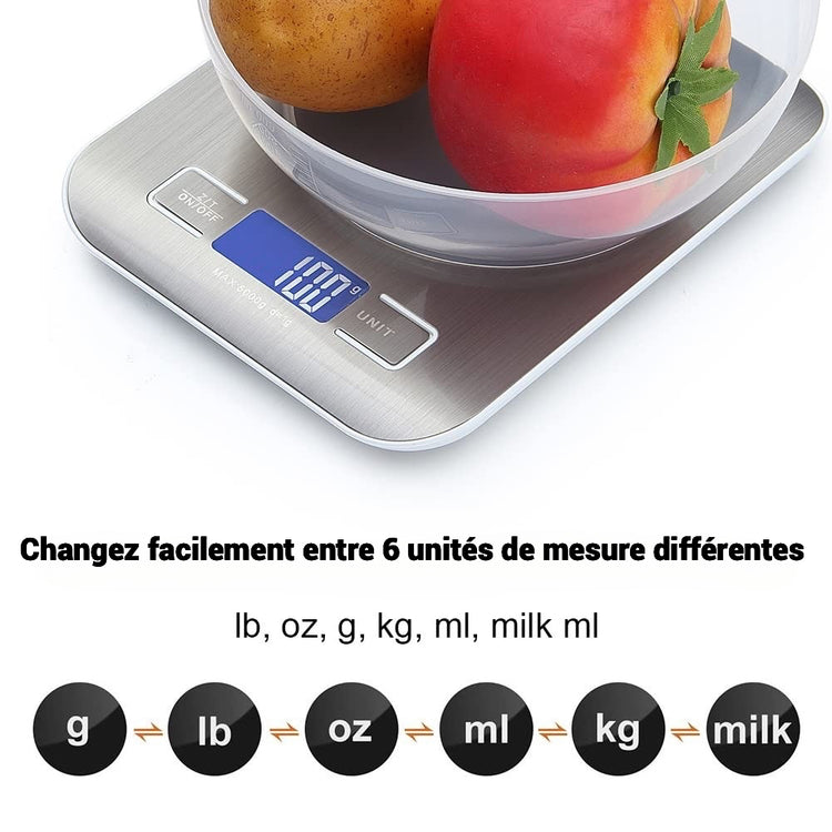 Ingénieuse balance de cuisine numérique, balance de haute précision en acier inoxydable, étanche. Capacité de 5 kg. Écran LCD rétroéclairé, 6 unités de mesure, acier inoxydable, Smart Digital. La livraison prioritaire est offerte !