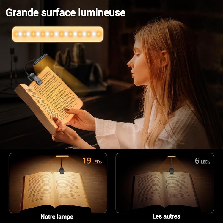 Ingénieuse lampe de lecture 19 LED Premium, pince jusqu'à 3cm, rechargeable, protection des yeux sans lumière bleue, gradation et 3 couleurs, cou flexible à 360°, longue durée, portable pour lire au lit. La livraison prioritaire est offerte !