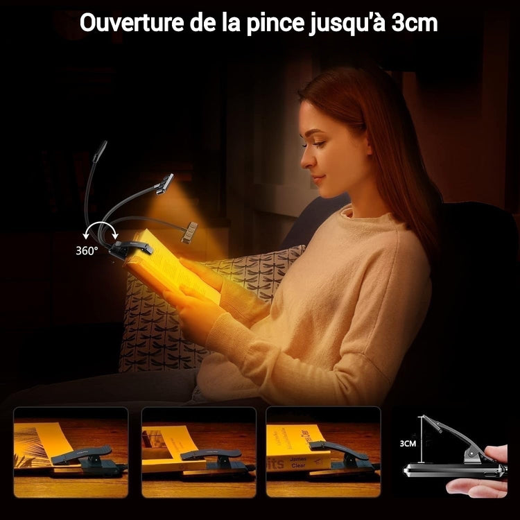 Ingénieuse lampe de lecture 19 LED Premium, pince jusqu'à 3cm, rechargeable, protection des yeux sans lumière bleue, gradation et 3 couleurs, cou flexible à 360°, longue durée, portable pour lire au lit. La livraison prioritaire est offerte !