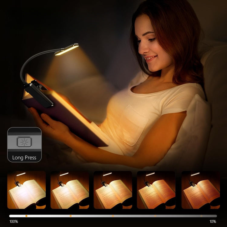 Ingénieuse lampe de lecture 19 LED Premium, pince jusqu'à 3cm, rechargeable, protection des yeux sans lumière bleue, gradation et 3 couleurs, cou flexible à 360°, longue durée, portable pour lire au lit. La livraison prioritaire est offerte !