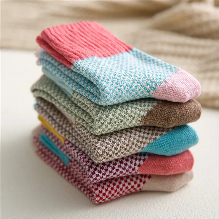 Magnifiques chaussettes épaisses, automne-hiver, en coton et laine, ultra-douces et chaudes, haute qualité, motif élégant, confort décontracté – lot de 5 paires pour femmes, taille unique 34-42. Livraison offerte !