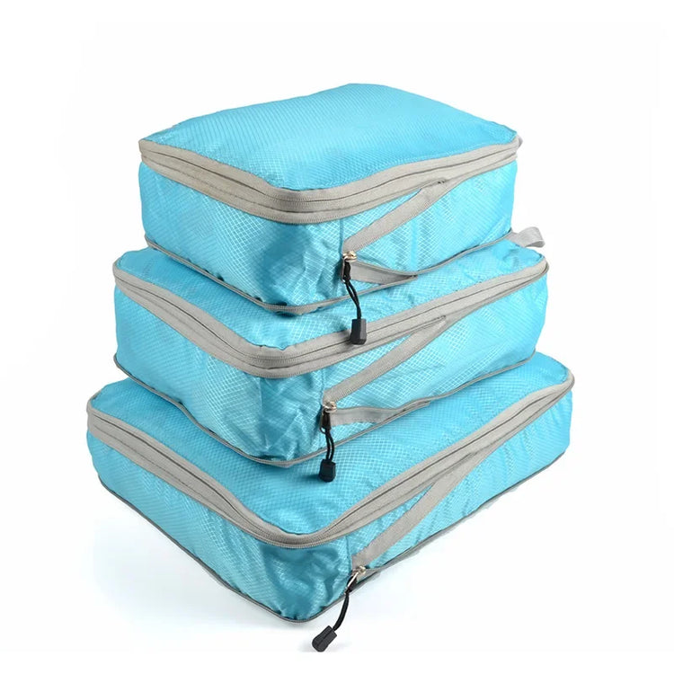 Stylé et pratique ensemble de sacs de rangement compressibles pour valise – Organisateurs pliables avec fermeture éclair pour vêtements, chaussures et accessoires de voyage, bleu azur. La livraison prioritaire est offerte !