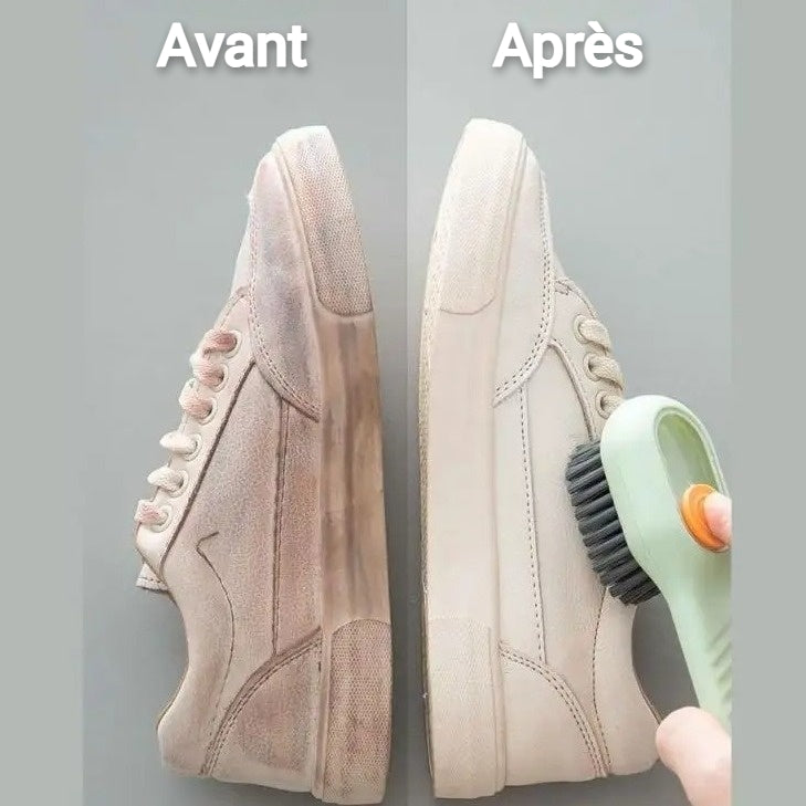 Ingénieuse brosse à poils souples, munie d'un grand réservoir pour savon liquide, pour vaisselles, vêtements, chaussures, et même dans la douche. La livraison est offerte !