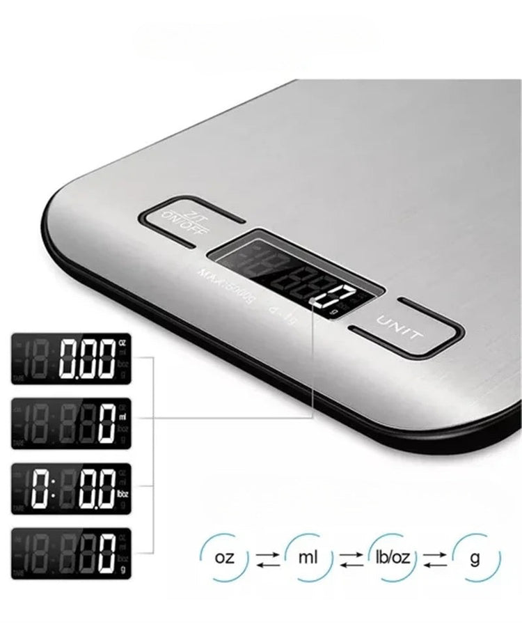 Ingénieuse balance de cuisine numérique, balance de haute précision en acier inoxydable, étanche. Capacité de 5 kg. Écran LCD rétroéclairé, 6 unités de mesure, acier inoxydable, Smart Digital. La livraison prioritaire est offerte !