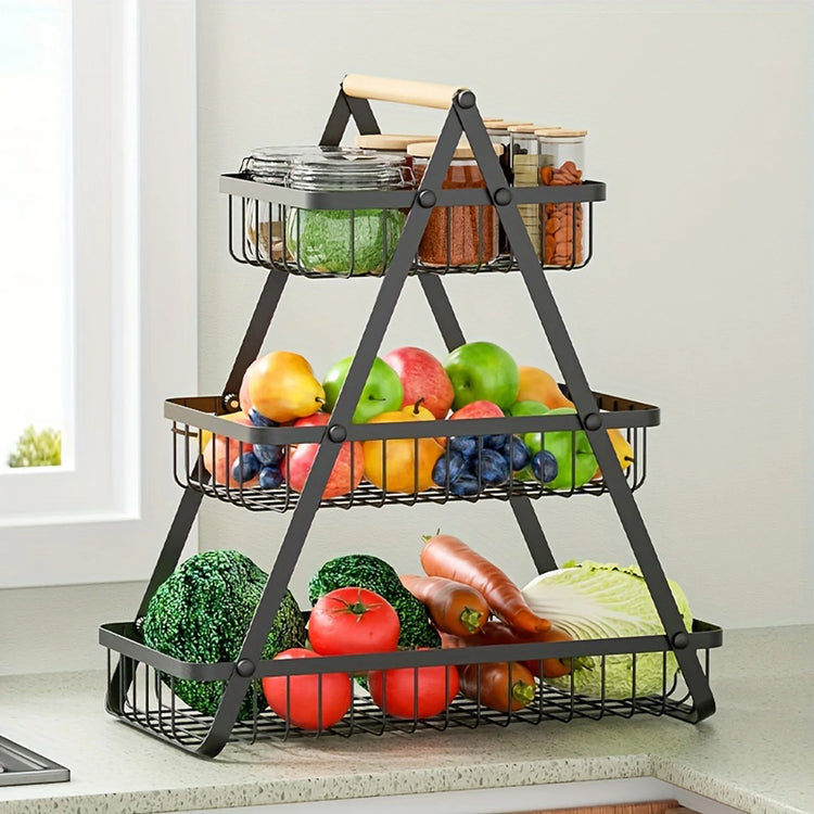 Magnifique panier à fruits et légumes, superposés 2 ou 3 niveaux, avec poignée en bois, design élégant pour cuisine et salle de bain, facile à monter et stable. Produit Top Premium. La livraison prioritaire est offerte!