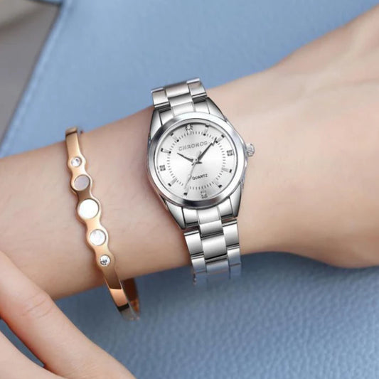 Montre élégante pour femme en acier inoxydable, mouvement quartz, résistante à l’eau. Livraison prioritaire offerte !