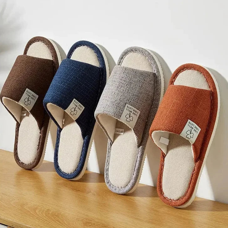 Superbes chaussons ultra confortables en lin, semelle souple antidérapante, ouverts et respirants, design élégant, parfaits pour toutes saisons et détente à la maison. La livraison est offerte !