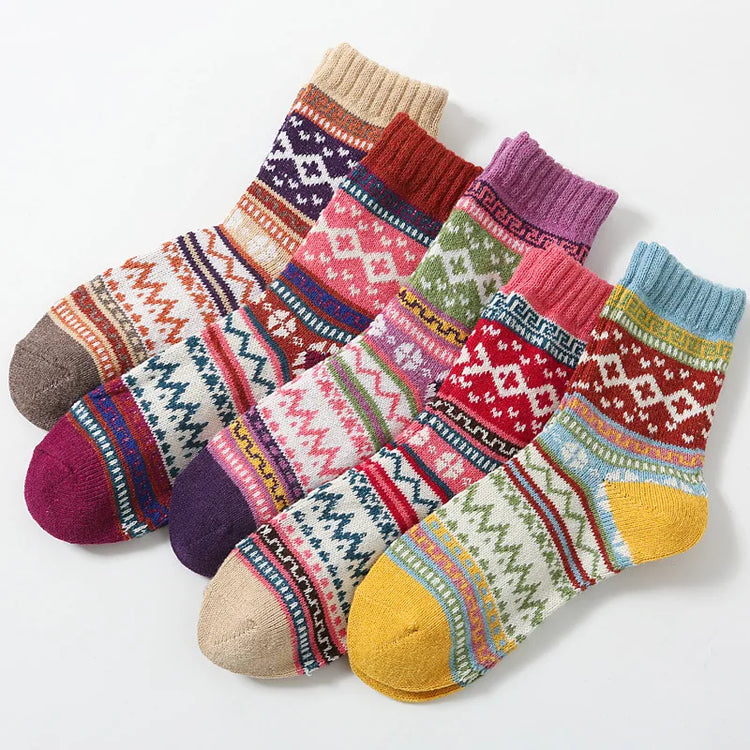 Magnifiques chaussettes automne-hiver pour femme, style nordique rétro, épaisses, thermiques et chaudes. Lot de 5 paires, taille unique 34-42. Livraison offerte !