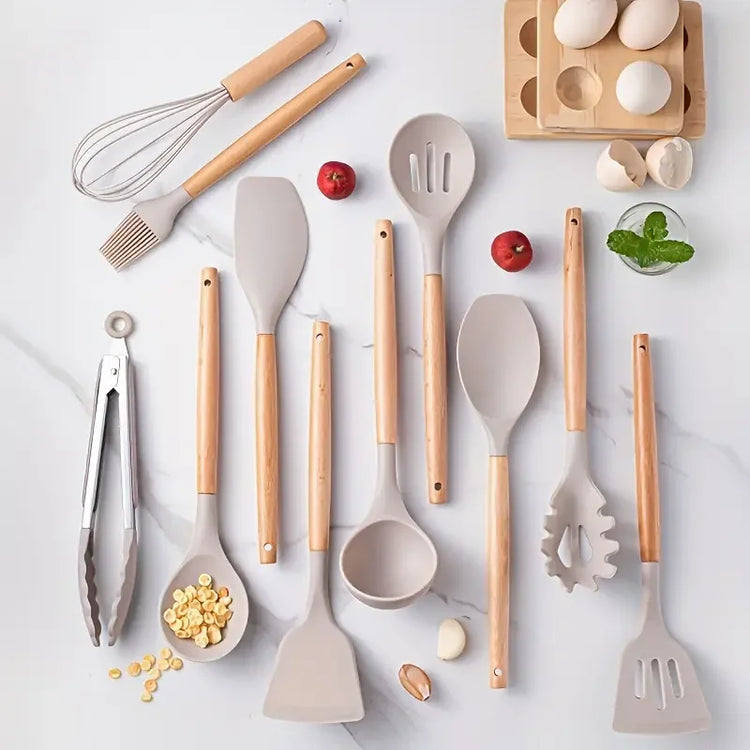 Magnifique ensemble d'ustensiles de cuisine en silicone sans BPA, résistants à la chaleur, anti-rayures avec manche en bois et bac de rangement, idéal pour cuisiner en toute sérénité. 12 pièces, produit Premium. La livraison est offerte !