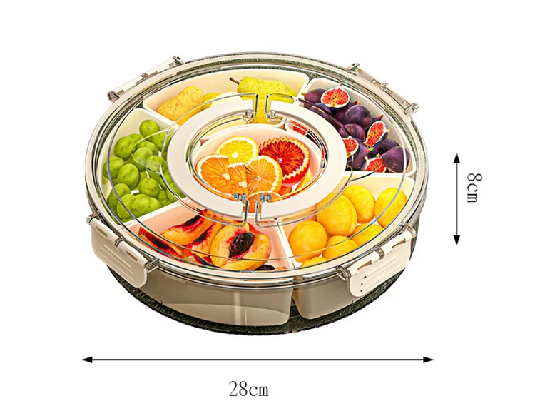 Ingénieux plateau de collations avec couvercle - 6 compartiments indépendants pour ranger et partager noix, bonbons, fruits et gourmandises - design transparent, poignée de transport pratique. La livraison est offerte !