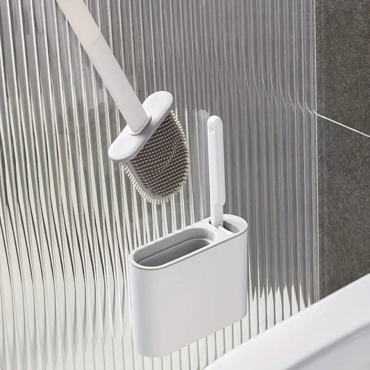 Brosse WC double avec support mural, design anti-odeurs, tête en silicone flexible + brosse à poils denses, nettoyage en profondeur sans rayure, séchage rapide. Livraison prioritaire offerte !
