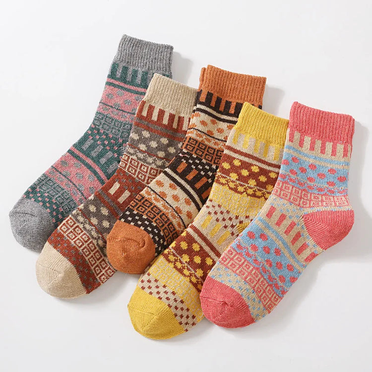 Magnifiques chaussettes automne-hiver pour femme, style nordique rétro, épaisses, thermiques et chaudes. Lot de 5 paires, taille unique 34-42. Livraison offerte !