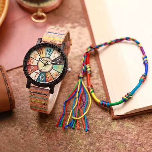Montre bohème colorée avec bracelet effet liège. Livraison prioritaire offerte !