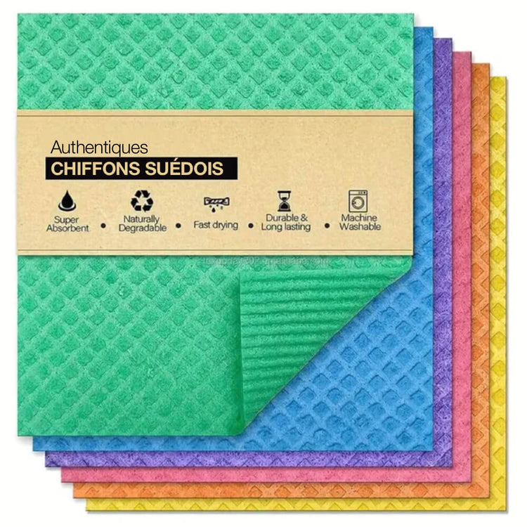 Authentiques chiffons suédois de qualité supérieure, entièrement biodégradables, écologiques, sans plastique, super absorbants, antibactériens, réutilisables et lavables. Remplacent les essuie-tout. Produit coup de coeur. La livraison est offerte!