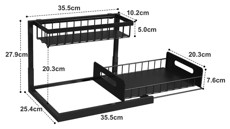 Organisateur sous évier modulable à deux niveaux avec tiroir coulissant, conception adaptable en L, montage facile sans outils et structure ultra robuste 100% acier. Produit Top Premium. La livraison prioritaire est offerte !