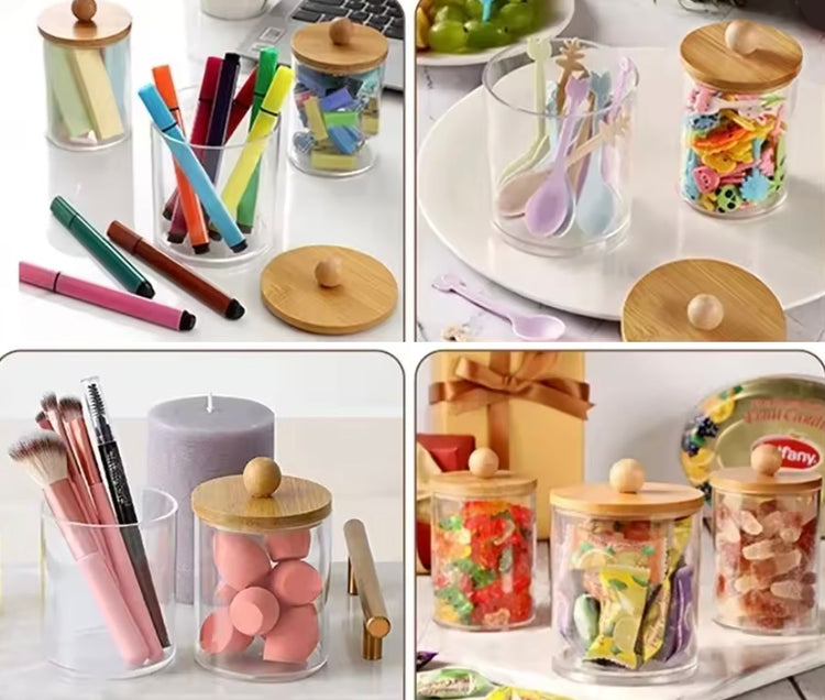 Magnifique pot apothicaire avec couvercle en bambou naturel – rangement élégant, durable et polyvalent pour cotons, maquillage, accessoires de salle de bain, bureau, cuisine et snacks. Livraison offerte !