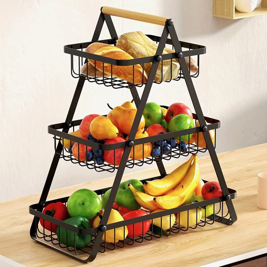 Magnifique panier à fruits et légumes, superposés 2 ou 3 niveaux, avec poignée en bois, design élégant pour cuisine et salle de bain, facile à monter et stable. Produit Top Premium. La livraison prioritaire est offerte!